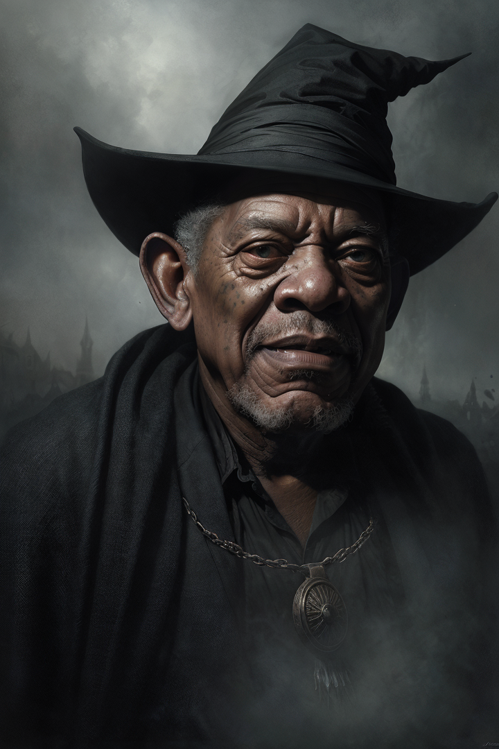 ,(art retouch, realistic, photo surrealism, fine art parody),
(close-up) Morgan Freeman as Wizard,(grotesque,caricature:1....